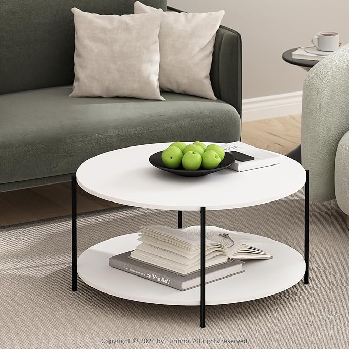 Furinno Besi 2-Tier Modern Round Coffee Table Table with Sturdy Metal Legs, White/Black