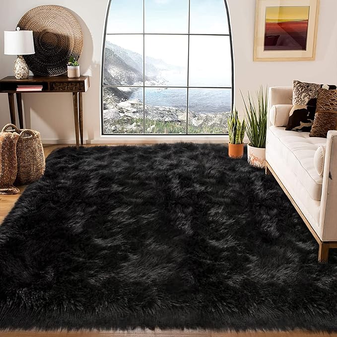 Latepis Shag Rug 6x9, Faux Fur Sheepskin Rug for Living Room, Fluffy Washable Rugs for Bedroom, Dorm, Luxury Room Decor, Black Fuzzy Rugs, Rectangle