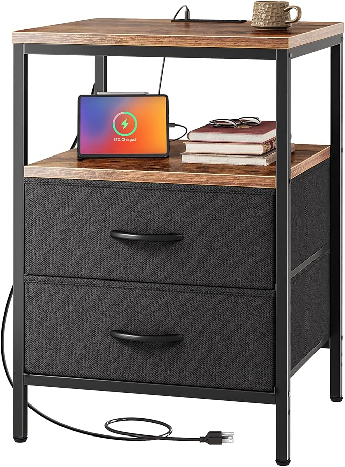 Huuger Night Stand with Charger Station, 27.7 Inch Tall Nightstand, Bed Side Table with 2 Fabric Drawers, Fabric Drawer Dresser for Bedroom, Living Room, Rustic Brown and Black