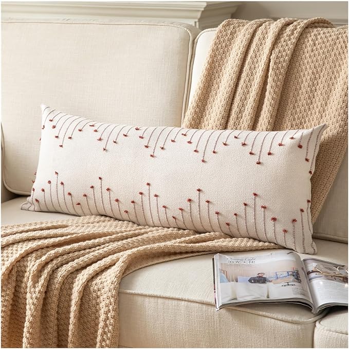 Boho Lumbar Pillow Cover 14x36 Long Pack of 1 Decorative Pillows Bed, Beige with Rust Body Throw Pillow Covers, for Modern Farmhouse Sofa Bedroom Living Room Home Decor Couch Pillowcase
