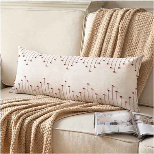 Boho Lumbar Pillow Cover 14x36 Long Pack of 1 Decorative Pillows Bed, Beige with Rust Body Throw Pillow Covers, for Modern Farmhouse Sofa Bedroom Living Room Home Decor Couch Pillowcase