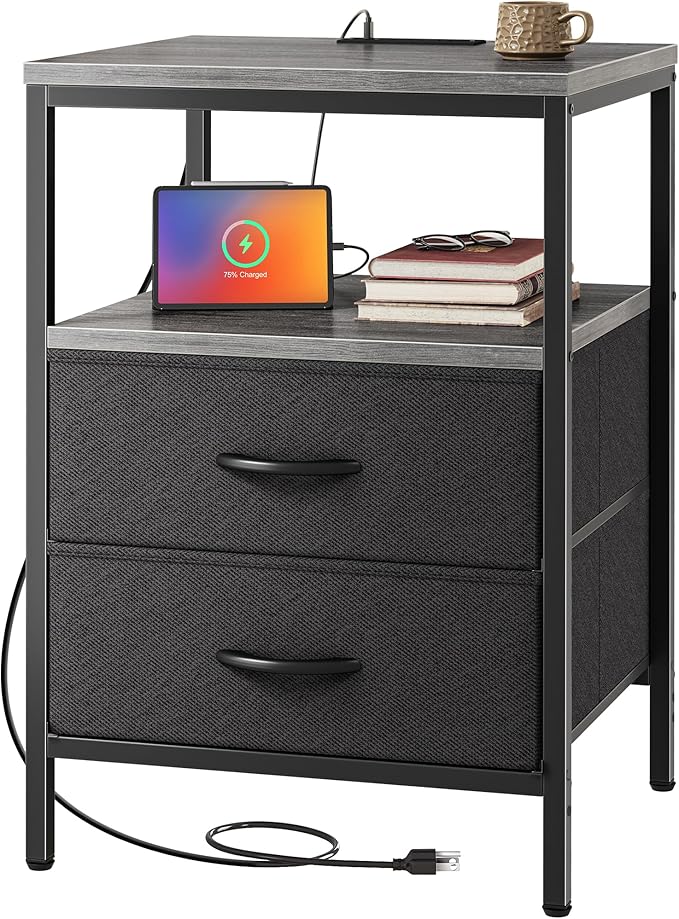 Huuger Night Stand with Charger Station, 27.7 Inch Tall Nightstand, Bed Side Table with 2 Fabric Drawers, Fabric Drawer Dresser for Bedroom, Living Room, Grey