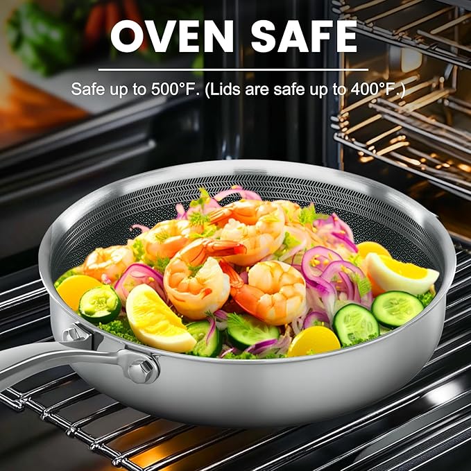 Non Stick Frying Pans,Hybrid Frying Pan with Lid,Non Toxic Frying Pans Nonstick,Stainless Steel Skillet,Dishwasher and Oven-Safe,Compatible with All Cooktops,Induction,11 in