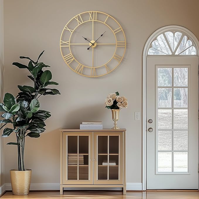 Large Wall Clock 36 Inch Gold Wall Clock Battery-Operated, Modern Metal Roman Numeral Decorative Clock for Living Room Decor, Dinning Room, Office, Kitchen, Mantel, Home Decor