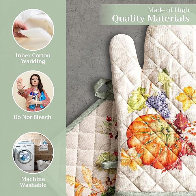 Maison d' Hermine 100% Cotton Oven Mitt & Pot Holder Set (7.5"x13" & 8"x8") Heat Resistant BBQ Cooking Gloves with Loop for Thanksgiving Christmas Decorations Handling Hot Pans (Lumina)