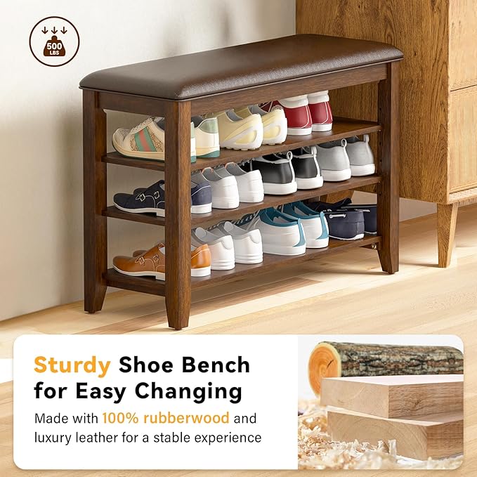 Shoe Bench Storage Rubberwood with Leather Cushion for Entryway Bench Ideal for Hallways Shoe Rack Front Doors Entrances Mudrooms Featuring 3 Height-Adjustable and Removable Shelves