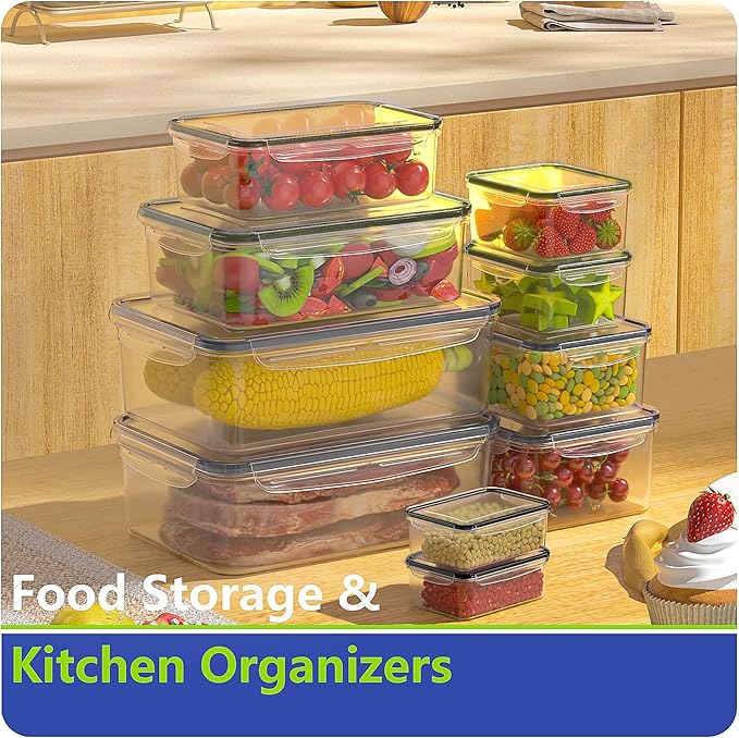 44 PCS Food Storage Containers with Lids Airtight, BPA Free Plastic Meal Prep Containers Reusable, Microwave/Freezer/Dishwasher Safe Leakproof Fruit Vegetables Containers for Kitchen(Black)