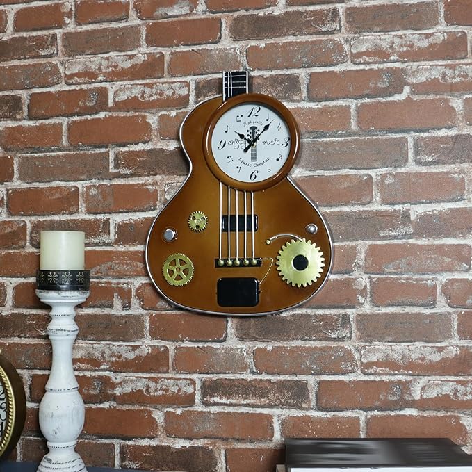 Guitar Wall Clock – Retro Brown Metal Guitar-Shaped Clock with Gears, Silent Non-Ticking, Music Room Decor for Musicians, Music Lovers, Men, Teens, 16"