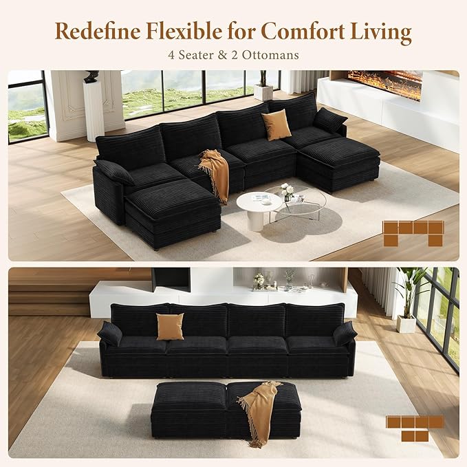 Vesgantti 142" U Shaped Sectional Couch, Comfy Cloud Modular Sectional Sofa with 2 Ottoman Deep Seat Corduroy Modern Cloud Sofa, Modular Sofas for Living Room, Bedroom and Apartment, Black