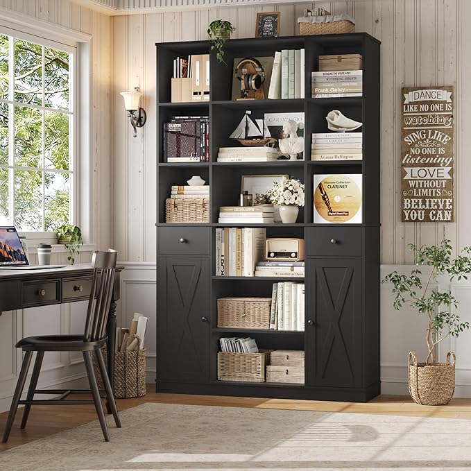 HOSTACK 74" Tall Book Shelf and Bookcase, 45" Wide Bookcase with Doors and Drawers, Modern 6 Tier Bookshelf with Storage, Large Wood Display Cabinet with Adjustable Shelves for Home Office, Black