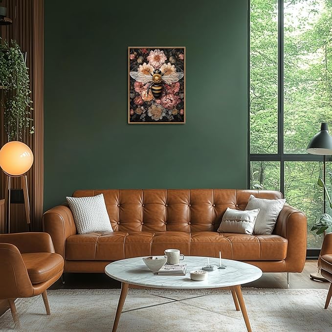 Djmwtb Vintage Framed Wall Art Bee Canvas Wall Art Prints Botanical Floral Pictures Flower Painting Wall Decor Artwork for Living Room Bedroom Bathroom Office 16x24in