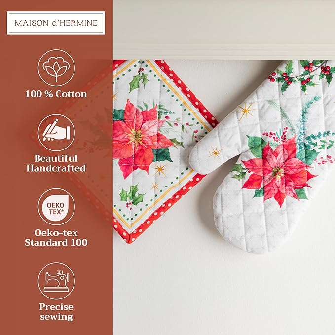 Maison d' Hermine 100% Cotton Oven Mitt & Pot Holder Set (7.5"x13" & 8"x8") Heat Resistant BBQ Cooking Gloves with Loop for Thanksgiving Christmas Decorations Handling Hot Pans (Poinsettia Christmas)
