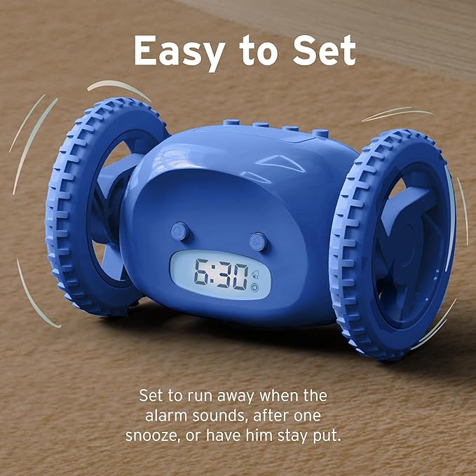 CLOCKY Extra Loud Alarm Clock for Heavy Sleepers on Wheels Rolls Runaway Vibrating Easy To Set Super Smart Snooze Digital Bed Shaker Alarm Clock Funny Gift for Adults Kids Teens Bedrooms (Blue Wheels)