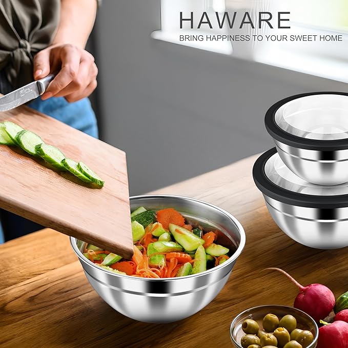 HaWare Mixing Bowls with Airtight Clear Lids, 6-Piece Stainless Steel Strong Nesting Bowls Set, Metal Salad Bowl for Cooking, Prepping, Baking, Serving & Food Storage, Size 4.6, 3, 1.5QT, Black