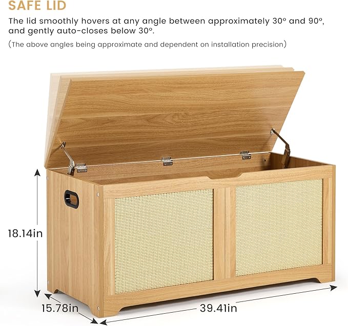 EROMMY Storage Chest, 39.4" Rattan Storage Bench with 2 Safety Hinges, Shoe Bench for Entryway, Bedroom, Living Room, Supports 300 lb