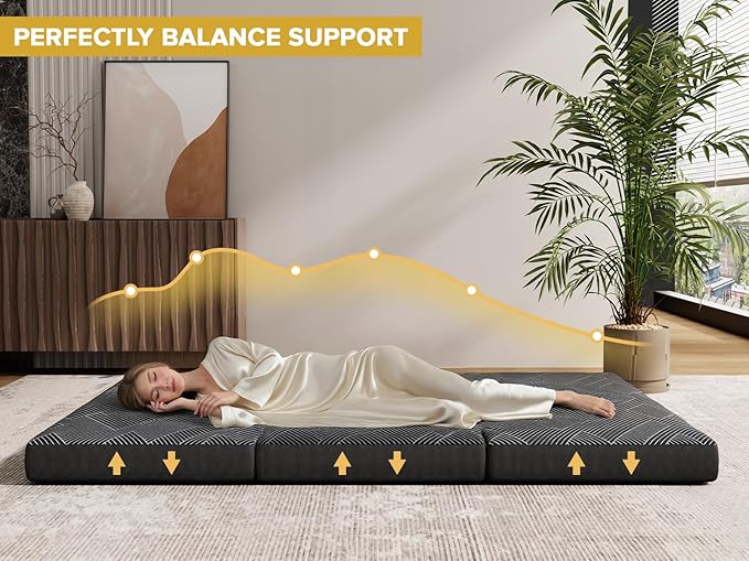 Vamcheer Tri Folding Mattress, 6 inch King Foldable Mattress, Tri-fold Memory Foam Mat with a Collapsible and Washable Cover, Handle & Non-Slip Bottom, for Travel/Guest, 80"x76"x6", Grey