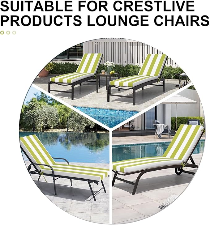Crestlive Products Chaise Lounge Cushions Set of 2, Outdoor Cushions for Patio Furniture, Water Resistant Lounge Chair Cushion for Pool, Deck, Lawn, 80''L x 21''W, Green White Stripe