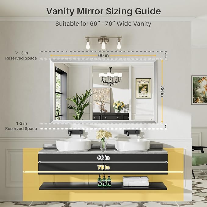 60x36 Inch Silver Bathroom Mirror for Wall, Thick Metal Framed Rectangle Mirrors for Over Sink, Bedroom, Living Room, Entryway, Anti-Rust, HD Tempered Glass