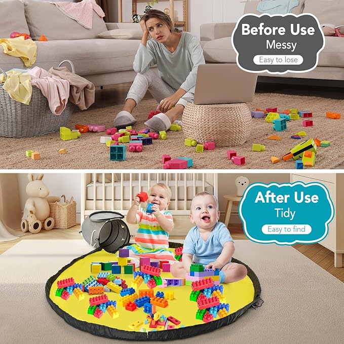 Toy Storage Basket with Slide and Large Play Mat for Boys and Girls Building Blocks Organizer, Foldable Fabric Storage Container Basket Bin Kids Toy Box with Rug for Boy Playroom Organization