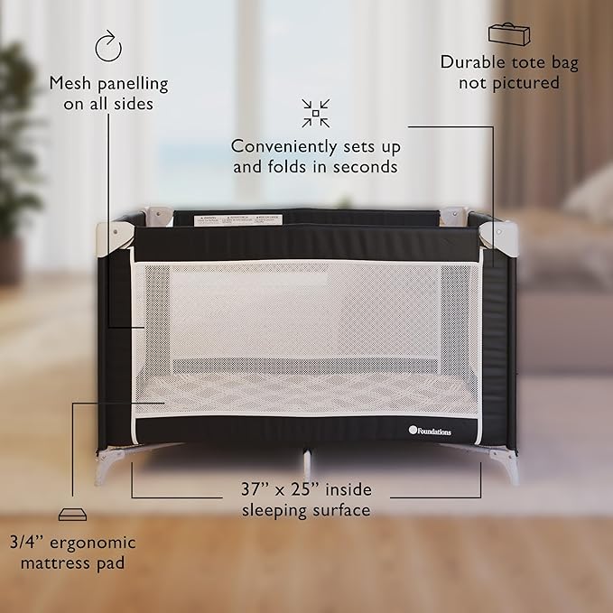 Foundations Sleep 'N Store Baby Pack and Play Yard - Portable Playpen with Removable Bassinet, Foldable Travel Playpen with Storage Bag & Foam Mattress, Designed for Hotels & Daycares- Mod Plaid Gray