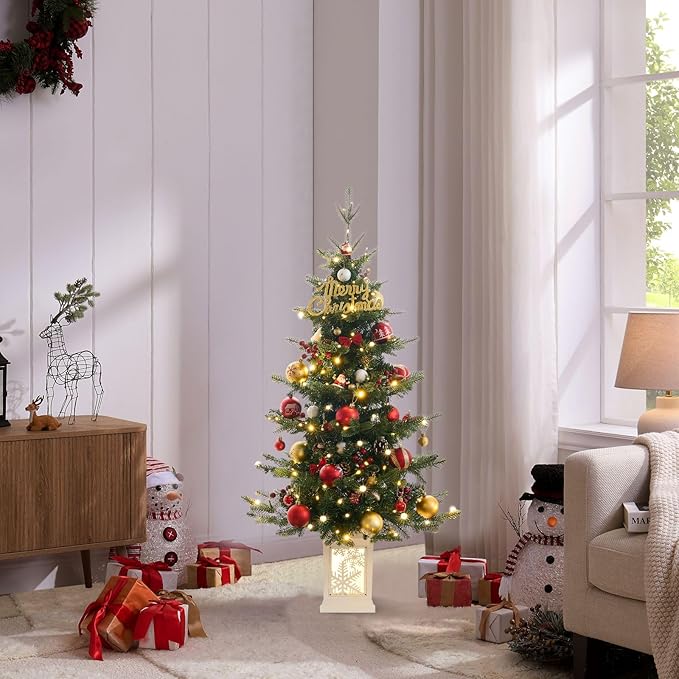 Small Pre-Lit Christmas Tree with LED Lights - 3.5FT Ariticifial Tree with Snowflake Base, Battery Operated & Auto Timer for Home Office Xmas Decor