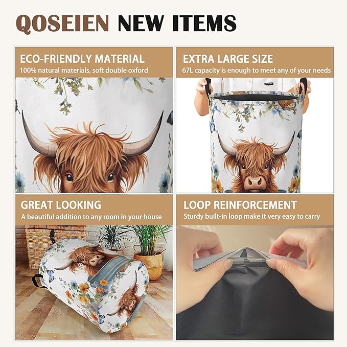 Highland Cow Laundry Hamper,Collapsible Laundry Baskets,Butterfly Flowers Dirty Clothes Baskets with Handles,Oxford Cloth Hamper for Bedroom,Bathroom,College Dorms, 16"x20"