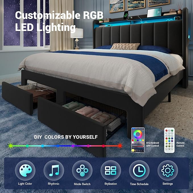 Allewie Velvet Vertical Tufted Full Size Upholstered Platform Bed Frame with 2-Tier LED Storage Headboard & 2 Storage Drawers, USB & Type-C Charging Ports, Noise-Free/No Box Spring Needed, Black