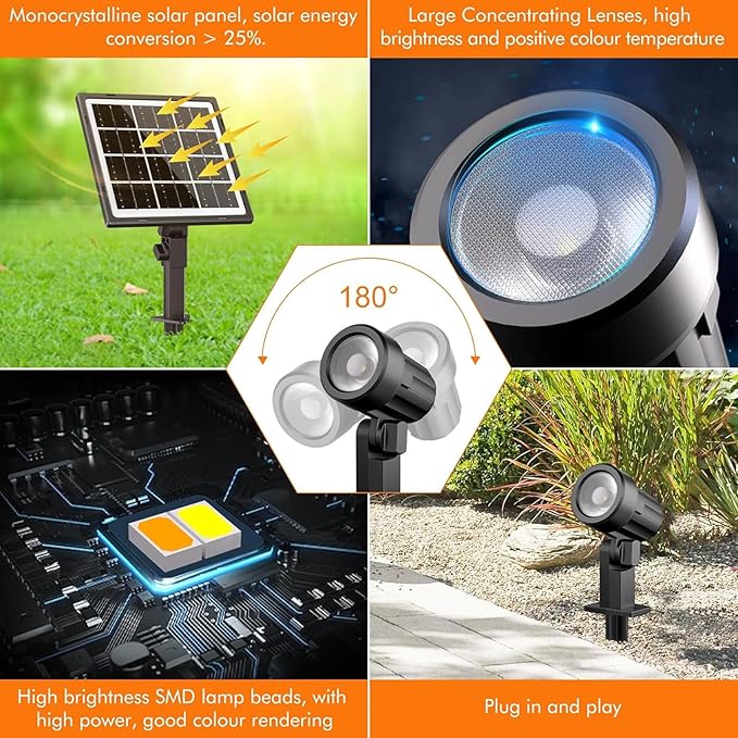 MEIHUA Solar Spotlights Outdoor 2 in 1, Solar Powered Landscape Spotlights 2700K/4000K/6500K, 3 Brightness with Remote Control, IP66 Waterproof Solar Spot Lights Outdoor for Garden Pathway
