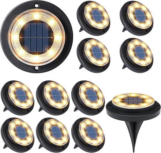 Flacchi Solar Ground Lights - Solar Powered Lights Outdoor Solar Disk Light Waterproof Landscape Light for Patio Yard Pathway Walkway Driveway (Warm White, 12 Pack)