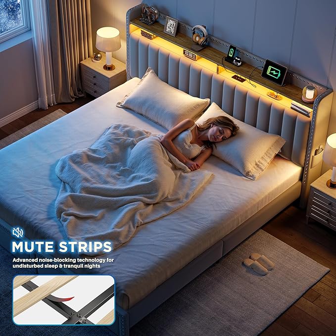 EnHomee Full Size Bed Frame with 2-Tier Storage Headboard & Charging Station, LED Platform Bed Frame with 2 Storage Drawers, Sturdy Wooden Slats Support, Noise-Free, No Box Spring Needed, Beige