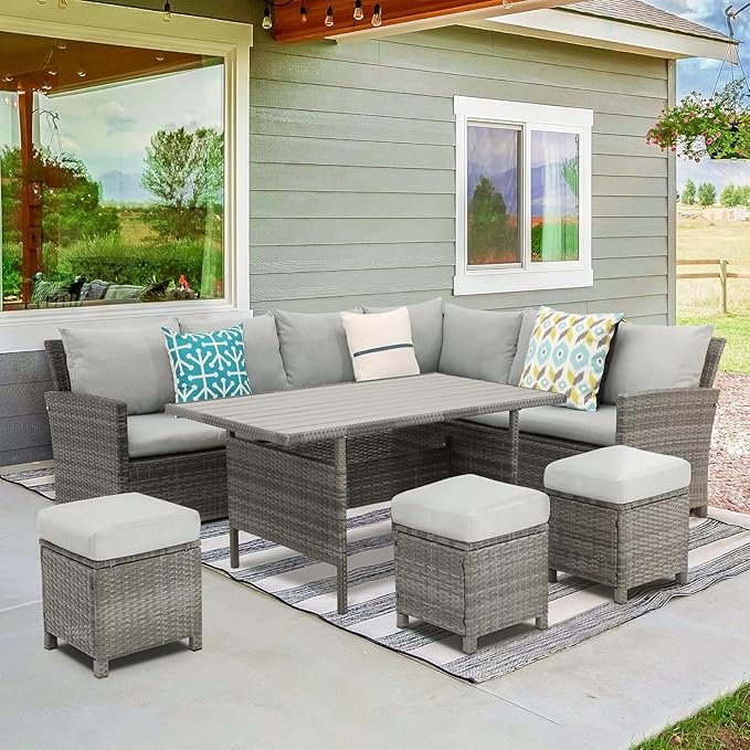 Wisteria Lane Patio Furniture Set, 7 Piece High Curved Back Outdoor Dining Sectional Sofa with Dining Table and Chair, All Weather Wicker Conversation Set with Ottoman, Grey