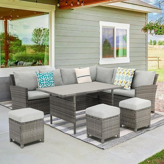 Wisteria Lane Patio Furniture Set, 7 Piece High Curved Back Outdoor Dining Sectional Sofa with Dining Table and Chair, All Weather Wicker Conversation Set with Ottoman, Grey