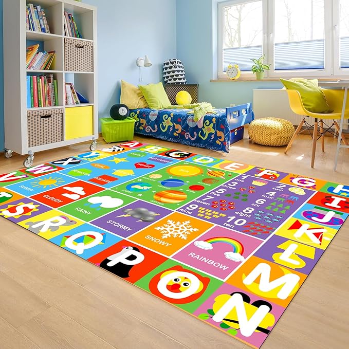 Alphabet Rug for Kids - Soft ABC Kids' Rug with Non-Slip Backing, Educational Playroom Carpet for Toddlers with Letters, Numbers & Shapes - 9'2" x 6'7" (Rectangular)