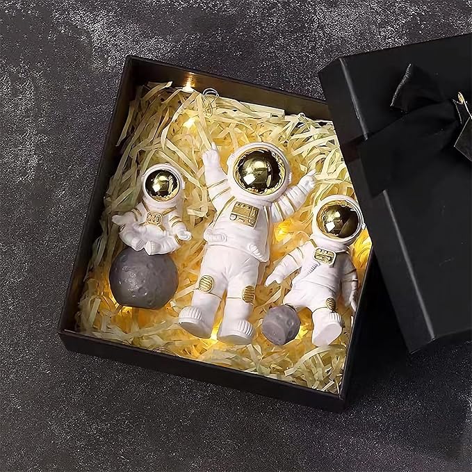 Gold White Astronaut Statues Set of 3, Outer Space Sculpture Figurines for Home Decor Cake Toppers
