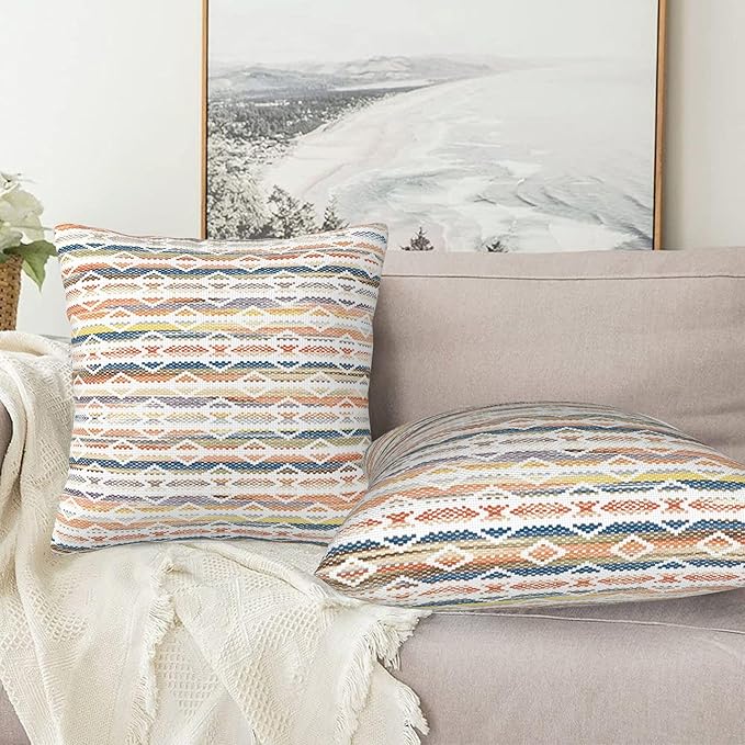 Colorful Boho Geometric Abstract Striped Throw Pillow Covers 18x18 Inch Set of 2 Modern Bohemia Decor Pillows Cover Farmhouse Cushion Case of Sofa Living Room Bedroom