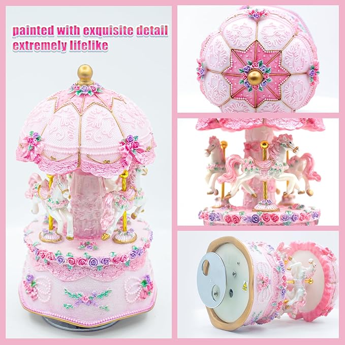 Carousel Music Box，Luxury Color Change LED Light Music Box,Luminous Rotating 3-Horse Musical Box with Gift Box for Girls Birthday Valentine Gift (Castle in The Sky, Pink)