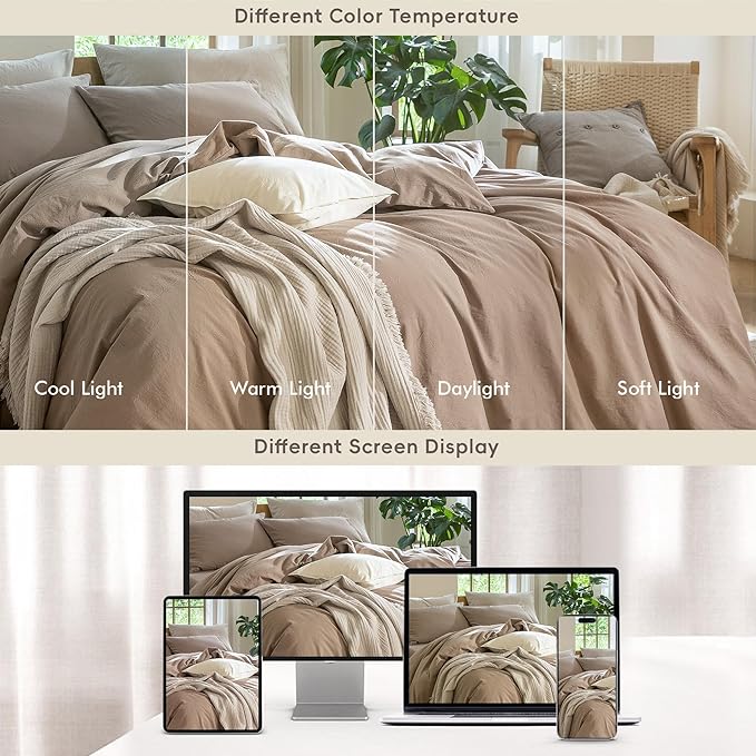 MooMee Bedding Duvet Cover Set 100% Washed Cotton Linen Like Textured Breathable Durable Soft Comfy (Solid Brown, Super King Plus 120"x120")