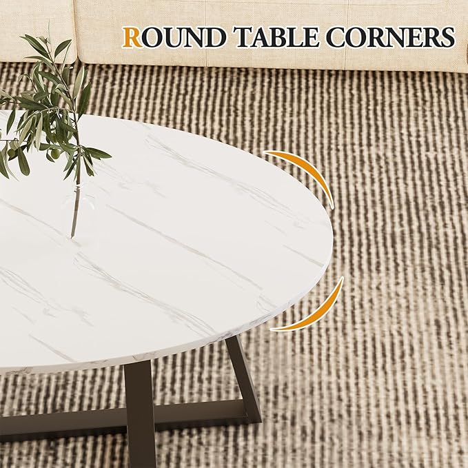 Coffee Table Small Oval Table,White Faux Marble Table for Living Room, Modern Center Tea Tables for Small Space,Wooden Tables End Tables with Sturdy Black Metal Leg
