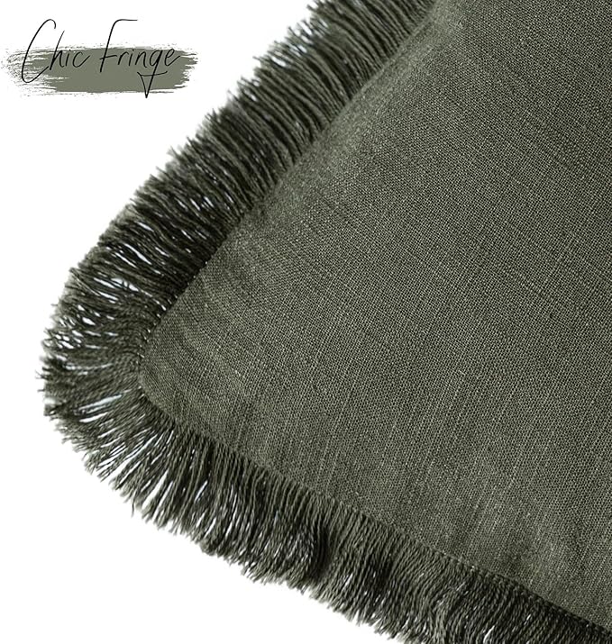 Foindtower Set of 2 Decorative Linen Fringe Throw Pillow Covers Farmhouse Cushion Cover with Tassels Accent Pillowcase for Couch Bed Sofa Living Room Home Bedroom Decor,12×24 Inch,Dark Olive Green