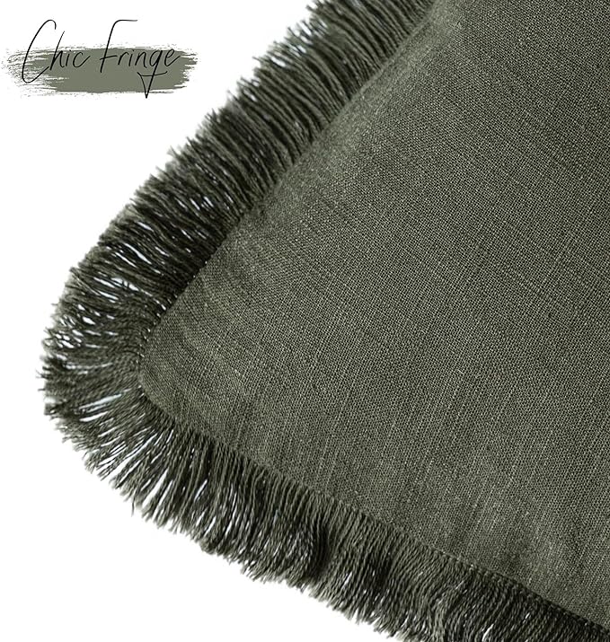 Foindtower Set of 2 Decorative Linen Fringe Throw Pillow Covers Boho Farmhouse Cushion Cover with Tassels Soft Accent Pillowcase for Couch Sofa Bed Living Room Home Decor,26×26 Inch,Dark Olive Green