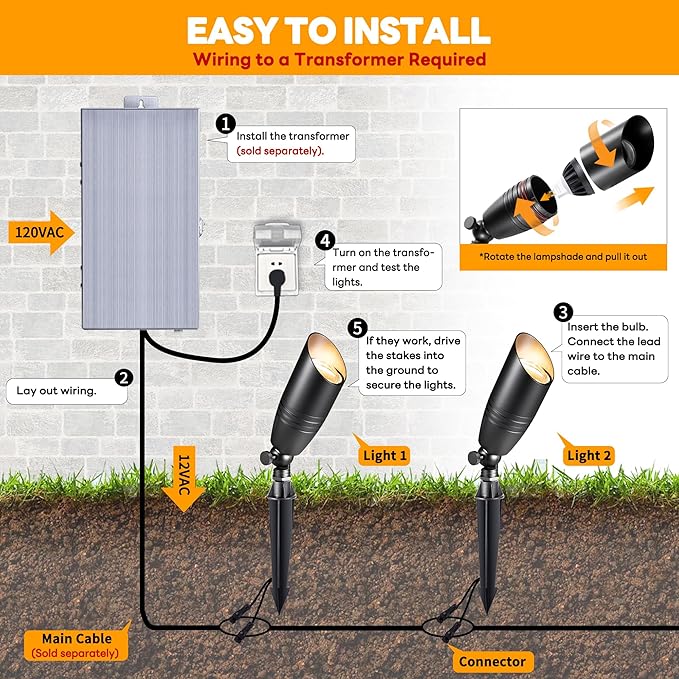 Landscape Spotlights Low Voltage - Brass 12V Outdoor Uplight LED, Wired Spot Lights IP65 Waterproof, Black for Exterior Garden Yard Tree House with 5W 2700K Warm White MR16 Bulb