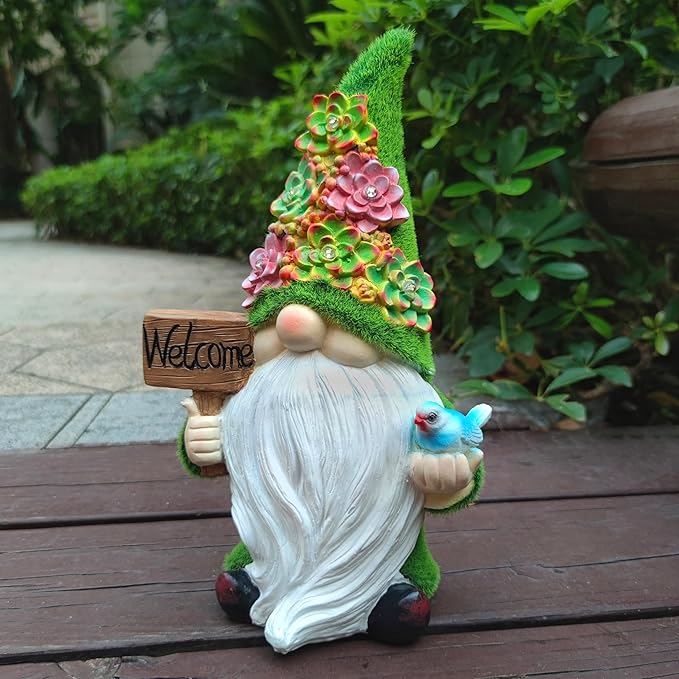 Solar Gnomes Garden Statues,Resin Gnome Figurine Holding Welcome Card and Bird with Solar Lights, Outdoor Gnomes Decorations for Yard Patio Lawn Porch, Garden Gifts