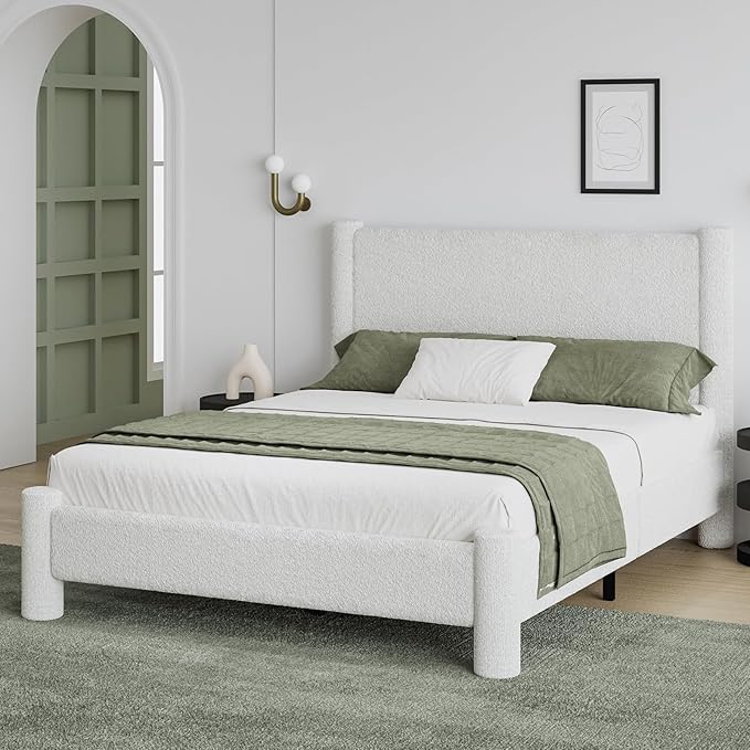 Full Size Bed Frame, Boucle Upholstered Platform Bed with Headboard and Footboard, Soft Rounded Corners, No Box Spring Required, Easy Assembly, White