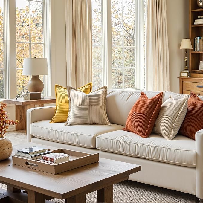 MIULEE Dark Rust Fall Decorative Euro Sham Throw Pillow Covers for Couch Bed Livingroom 24x24 Inch Set of 2 Boho Accent Throw Pllows Broadside Striped Patchwork Soft Corduroy Pillowcases