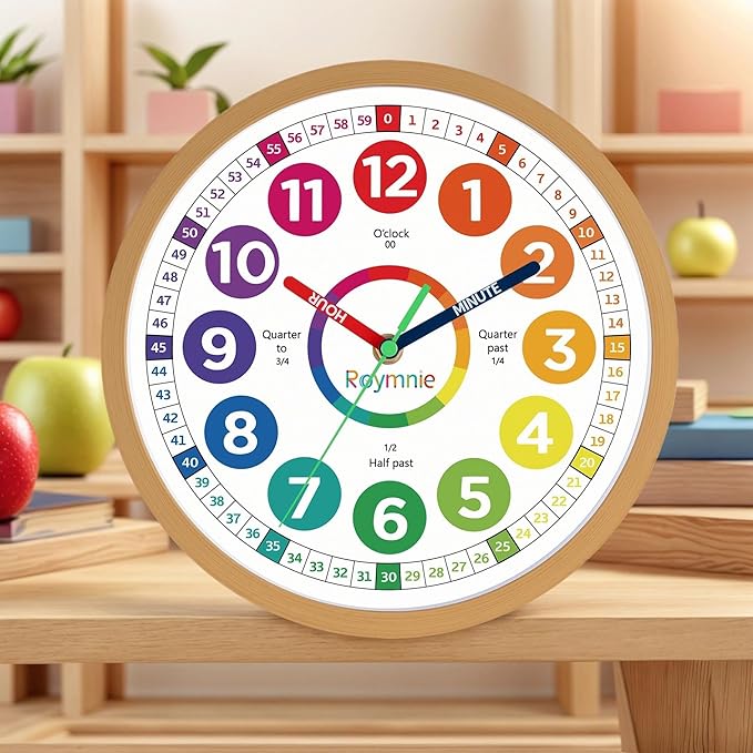 Wall Clock for Kids Learning to Tell Time Analog Non Ticking Battery Operated Kids Small Teaching Clock Silent Colorful Teaching Time Clock for Kids Room Classroom School（8 Inch）