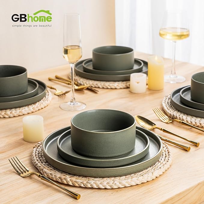 GBHOME Ceramic Dinnerware Sets for 4, Stoneware Plates and Bowls Sets, Chip and Scratch Resistant Dishes, Dishwasher & Microwave& Oven Safe Dishes sets, Reactive Glaze-Green