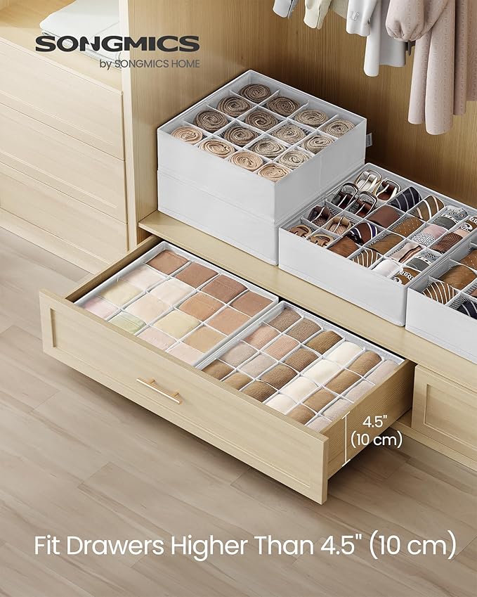 SONGMICS Set of 4 Underwear Organizers, Drawer Organizers, Dresser Closet Storage, 80 Cells (2x16+2x24), Foldable Dividers, 11.8 x 11.8 x 3.9 Inches, for Socks, Ties, Belts, Cloud White URUS011W01