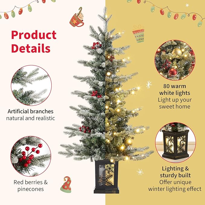 Small 3.5 FT Pre-Lit Christmas Tree with Ligths Snow Flocked Tabletop Christmas Tree with Vintage Snowflake Base for Home Office Xmas Decor, Battery Operated and Timer Function