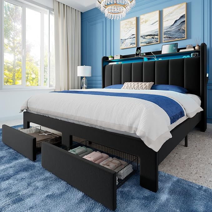 Allewie Velvet Vertical Tufted Full Size Upholstered Platform Bed Frame with 2-Tier LED Storage Headboard & 2 Storage Drawers, USB & Type-C Charging Ports, Noise-Free/No Box Spring Needed, Black