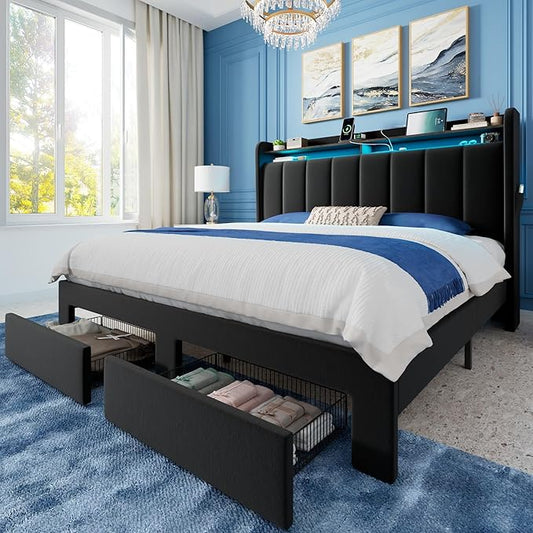 Allewie Velvet Vertical Tufted Full Size Upholstered Platform Bed Frame with 2-Tier LED Storage Headboard & 2 Storage Drawers, USB & Type-C Charging Ports, Noise-Free/No Box Spring Needed, Black